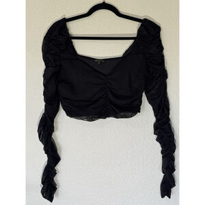 Shinestar Black Ruched Mesh Long Sleeved Crop Top M Square Neck Party Goth Y2K